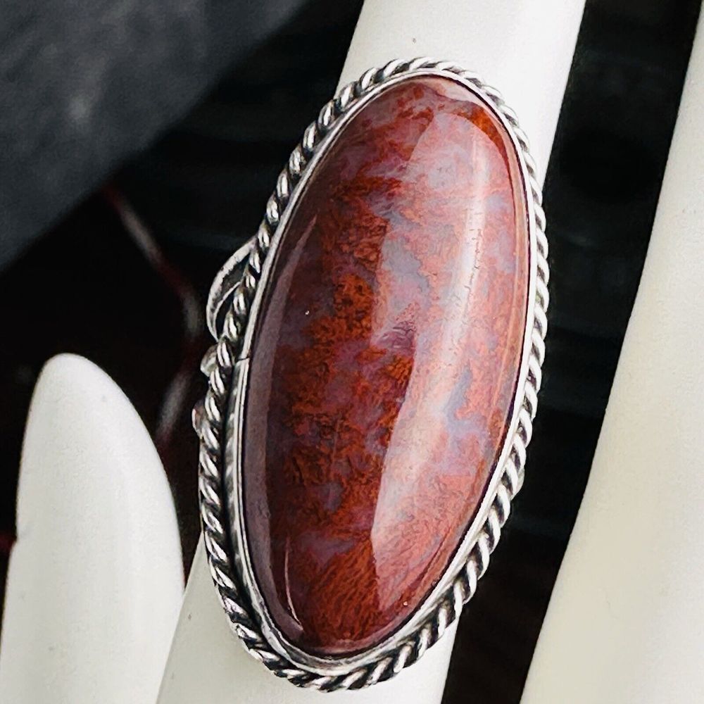 VTG Navajo Ring Size 4.5 Dinosaur Gembone Agatized Fossil Sterling Silver 10.6g‎
